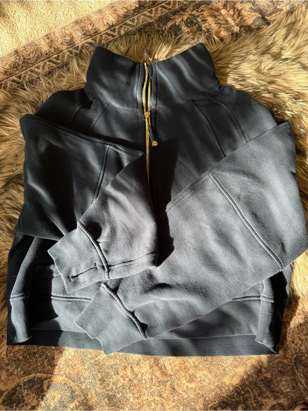 Lululemon Cropped Scuba Half-Zip Pullover in Navy with Gold Zipper